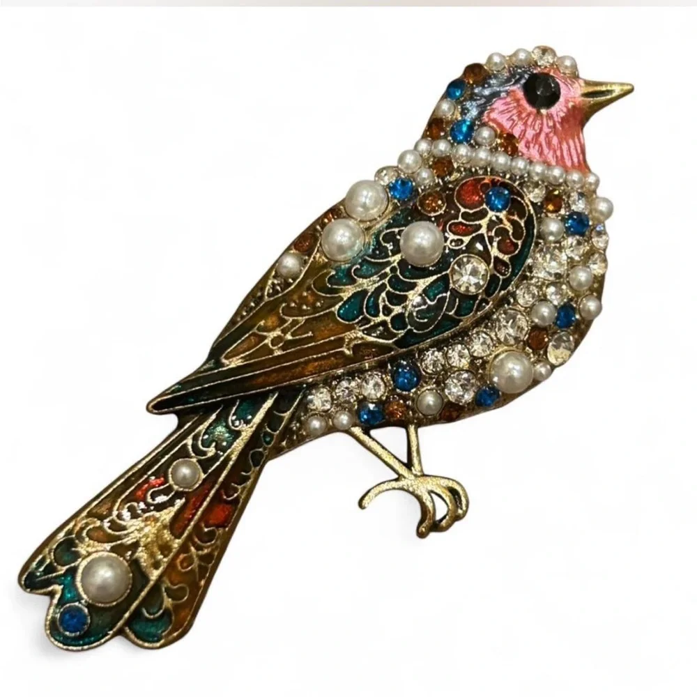 Fashion Jewelry Pink & Gold Enamel and Pearl Bird Brooch
